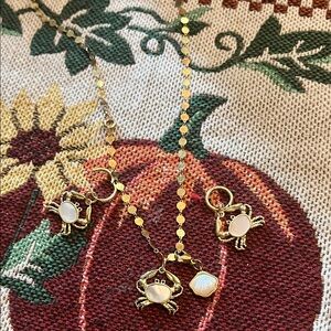 Gold Crab Pendant Necklace with White Accents mother of pearl w earrings